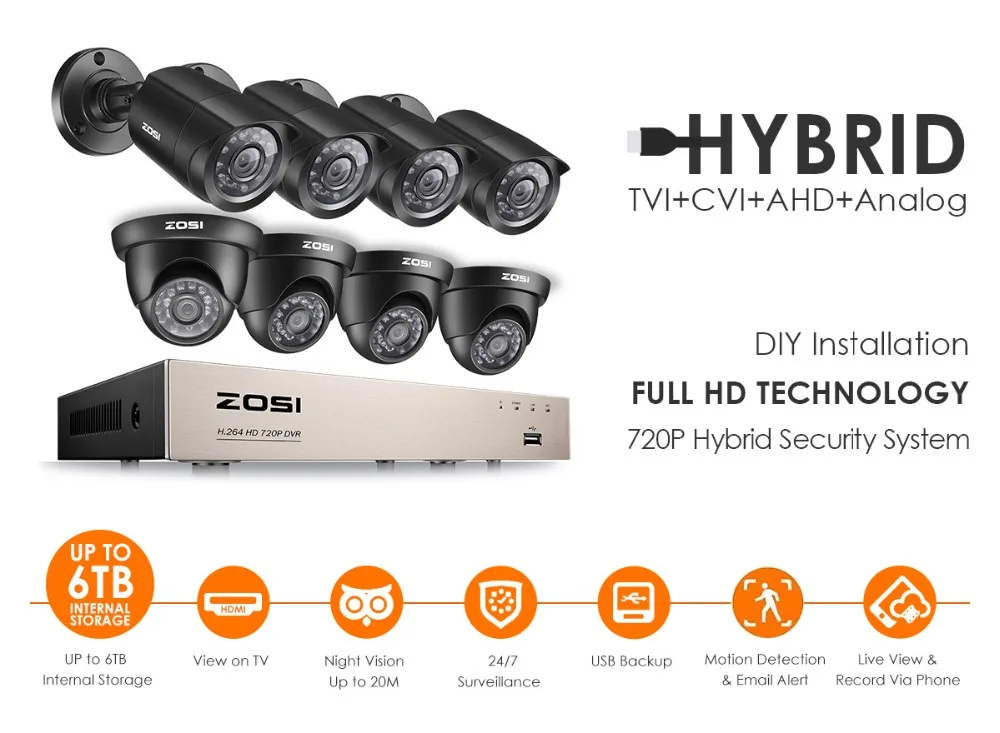 ZOSI 8CH CCTV система 1080N/720P HDMI TVI CCTV DVR 8 шт 1.0MP уличная инфракрасная камера видеонаблюдения 1280TVL домашняя система видеонаблюдения