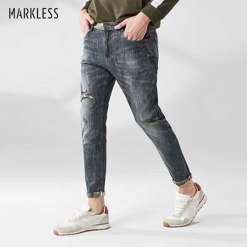 Модные рваные джинсы без марки мужские облегающие узкие брюки-карандаш