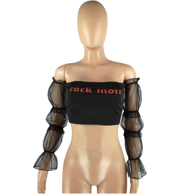 2019 Summer Style Slash Neck Letter Mesh Flare Sleeve Perspective Tshirt For Women Backless Crop Top Sexy Cropped Blusas Tunic | Женская