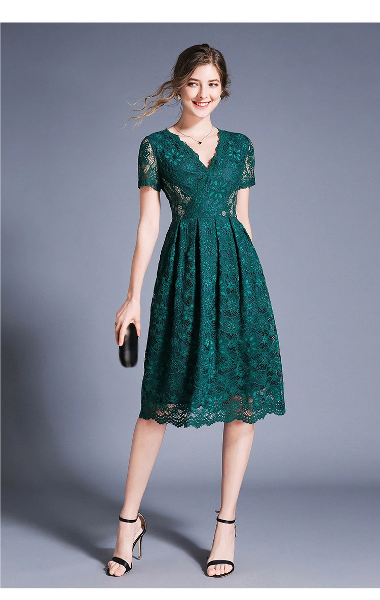 Women Green Dresses Hollow Out Floral Lace Runway Slim Fashion Evening Party Dress Office Lady Work Vestidos Autumn Vintage robe