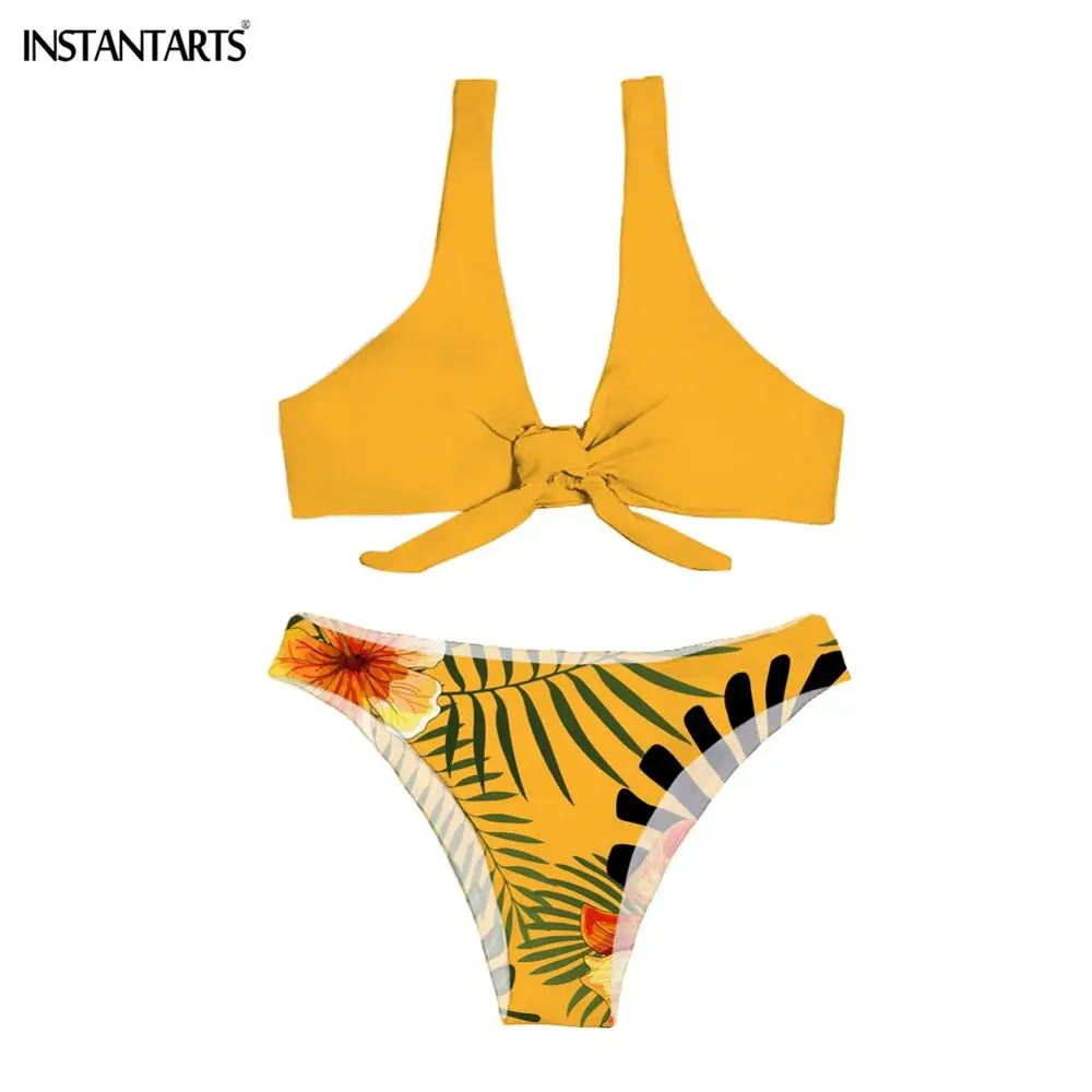 INSTANTARTS Brazilian Woman Summer Sexy Two Piece Swimsuits Bow Tie Backless Tropical Floral Leaf Print Bikini Set Bathing Suits | Женская