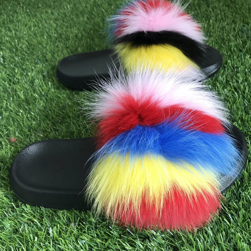 FunFur-100% натуральный мех лисы шлепанцы без задника цвет радуги Домашние уличные