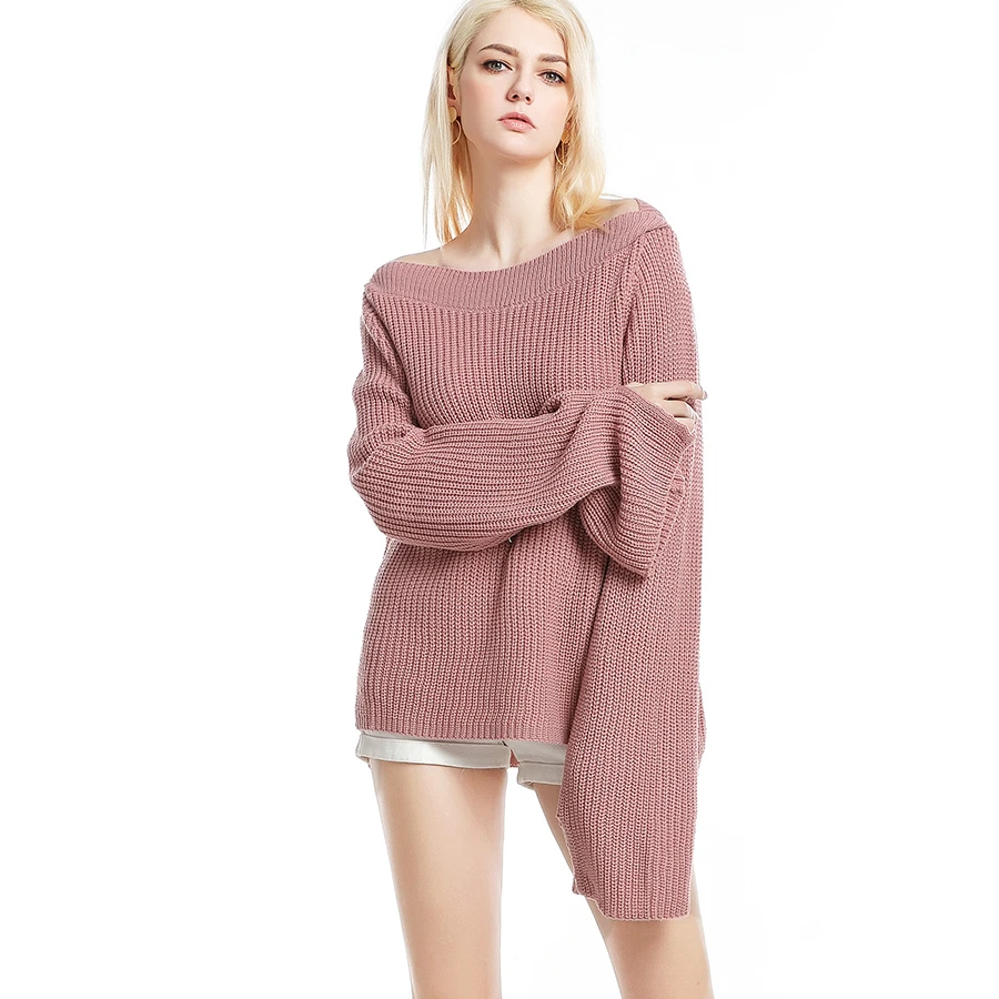 Women Sweater Fincati 2018 Sexy Slash Neck Solid Colors Long Flare Sleeve Knitted Pullover Loose Style S-XL Oversize Tops | Женская