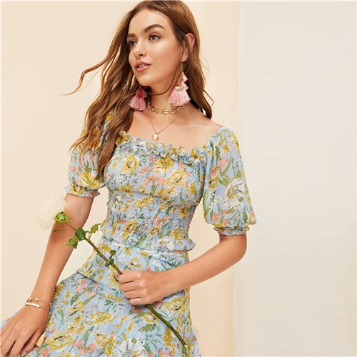 Top SHEIN Многослойная Асимметричная Юбка С Ботаническим Принтом Женская Летняя Многоцветная Богемная Юбка - Цвет: Top