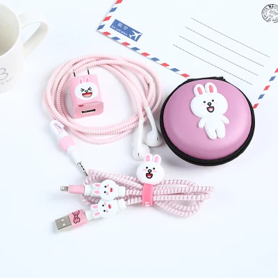 Мультфильм USB кабель наушники протектор набор с наушниками Чехлы кабель Стикеры для намотки Спиральный шнур протектор для iphone5 6 7