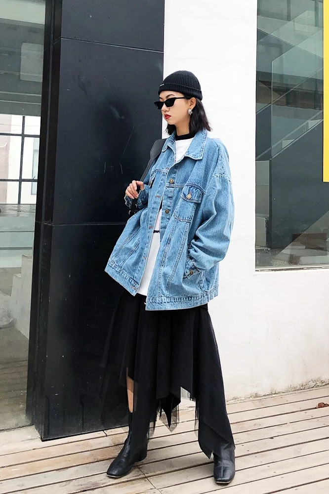 Creative design of back stitching stripe patch loose Street fake two fashionable BF neutral coat boyfriend denim jacket | Женская одежда