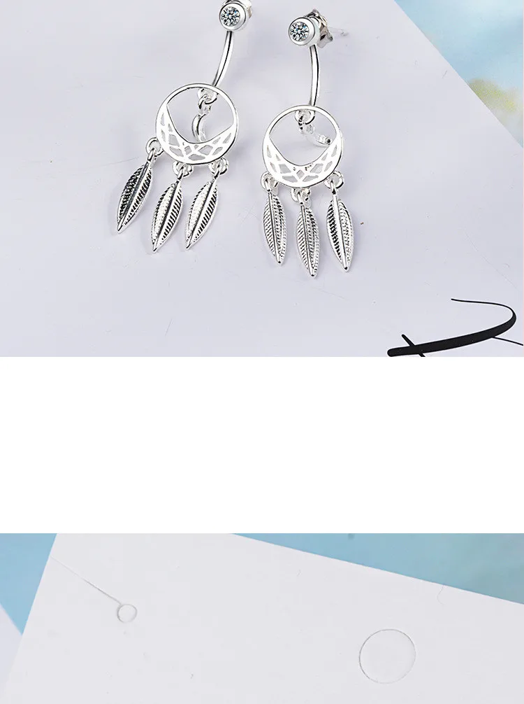 Japanese And Korean Style Simple Fashion Round 925 Sterling Silver Dream Catcher Feather Moon Crystal Creative Earrings SE661