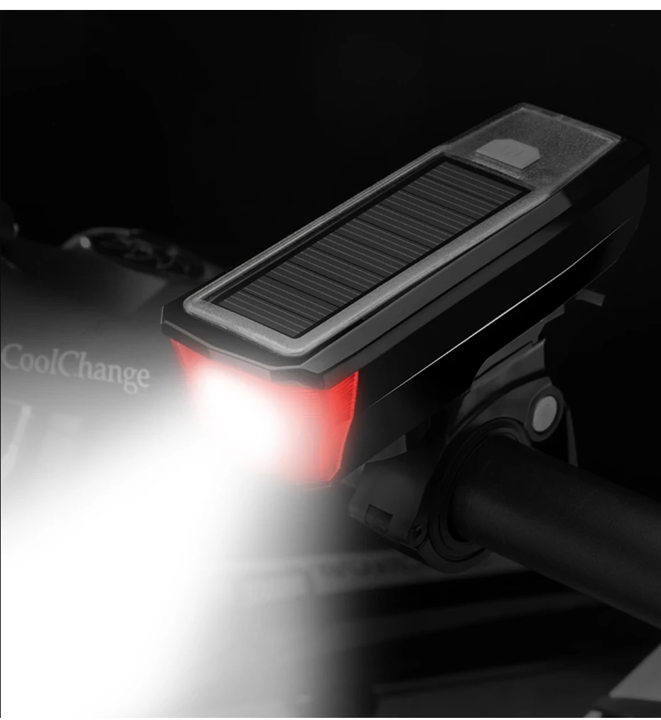 CoolChange лампа солнечного света для велосипеда водонепроницаемый USB Перезаряжаемый Фонарь велосипедный Рог светильник головной светильник ночной езды безопасный велосипедный светильник