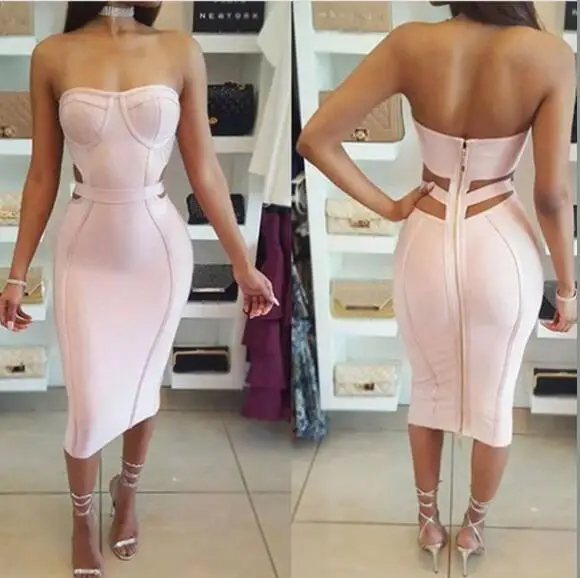 Женское трикотажное облегающее платье без бретелек с вырезами|dress cocktail party