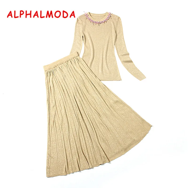 ALPHALMODA зимний женский милый свитер с бусинами, юбка, костюмы, воротник с бусинами, Сияющий Модный джемпер, плиссированная юбка, наборы