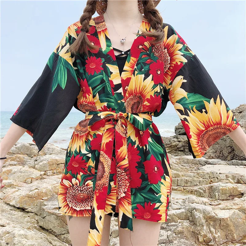 Korobov Korean Beach Women Blouses Summer Sunscreen Sunflower Print Kimono Cardigan Shirts Japanese Chimono Oversize Tops 77991 |