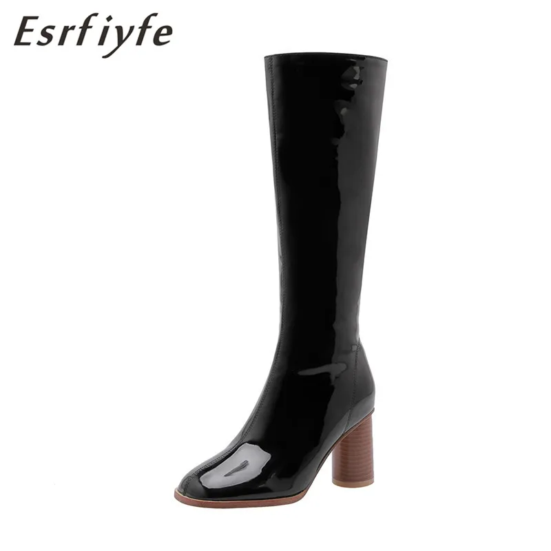 ESRFIYFE 2021 новые высокие сапоги для женщин Лакированная кожа модные зимние Удобные