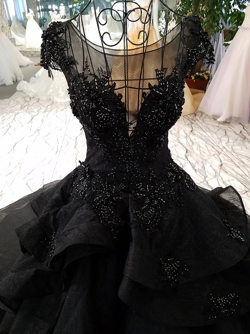 

SSYFashion New New High-end Evening Dress Elegant Blcak with Lace Appliques Beading Court Train Prom Party Gown Formal Dresses