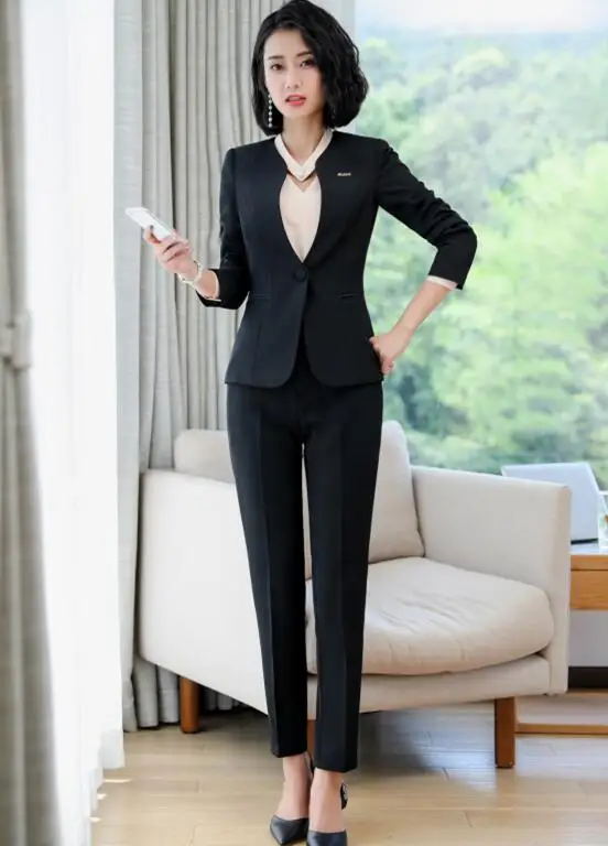 Black coat and pants Профессиональная одежда новые темпераментные Модные женские костюмы с юбкой OL формальные с длинным рукавом Тонкий Блейзер и юбка офисные женские рабочие костюмы - Цвет: Black coat and pants