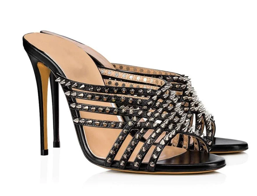 Sexy Silvery Rivet Embellished Hollow Mouth Slides Studded Slip On Open Toe High Heel Sandals Stiletto Mules Shoes | Обувь