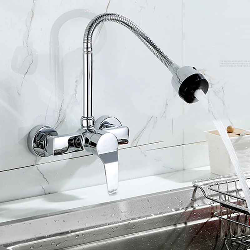 Поток спрей Bubbler Ванная комната Кухня кран настенный двойной отверстие горячей и холодной воды гибкая труба Смеситель для кухни
