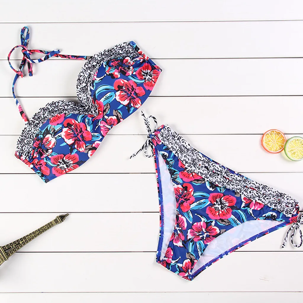 Новинка 2019 Женский комплект бикини с цветочным принтом купальные костюмы из двух