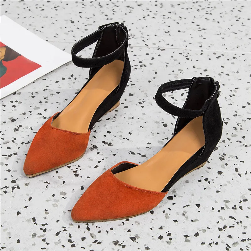 Orange and Black Women Wedge Ankle Strap Pumps Zipper Suede Leopard Pointed Toe Shallow Ladies Shoes Summer Plus Size Casual Sandals New Female - Цвет: Orange and Black