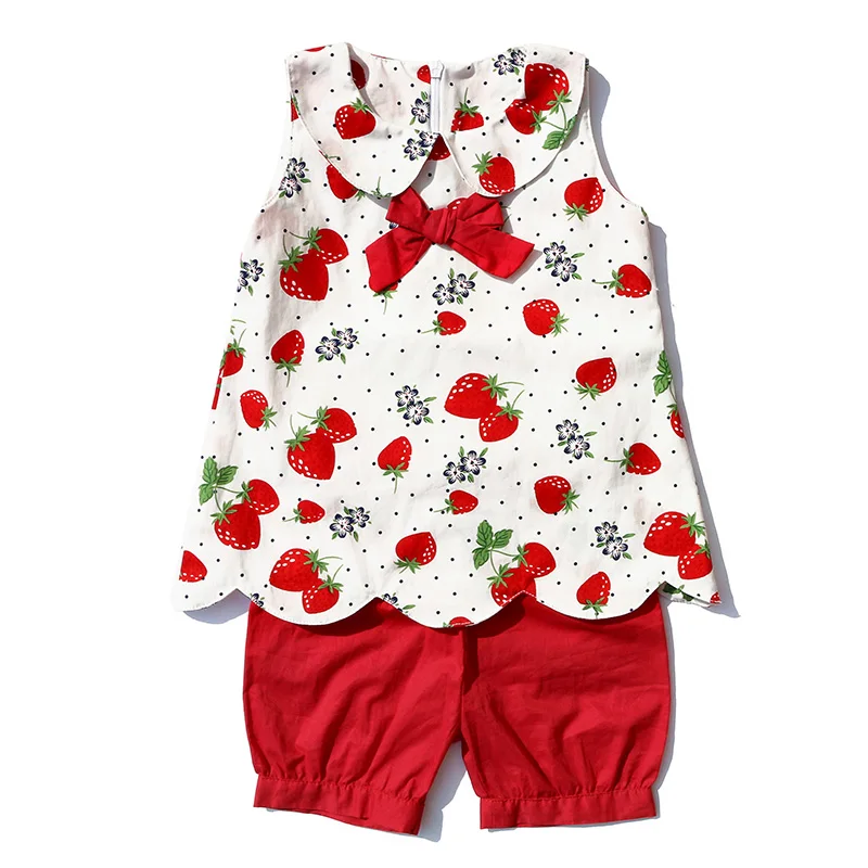 2018 Hot Newborn Wholesale Infant Toddler Baby Summer Strawberry Girls Shirts +Red Shorts Sets Cotton Outfits Suit Kids Clothes
