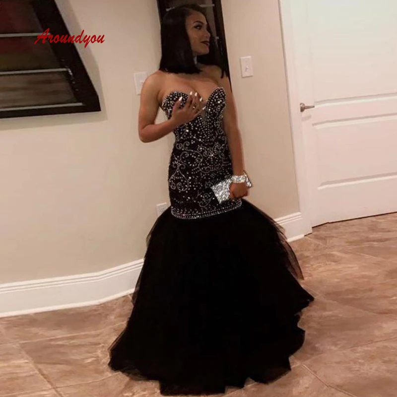 

Luxury Long Mermaid Evening Dresses Party Sexy Crystal Black Plus Size Women Ladies African Prom Formal Dresses Evening Gown