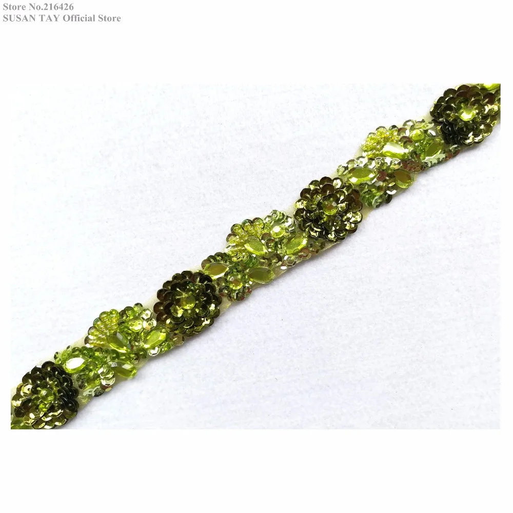 New Handmade Light Green Sequined Beaded Stoned 3D Flower Lace Ribbon Trims Dancing Dress Costume Wedding Decoration 1Yard BT77E | Дом и сад