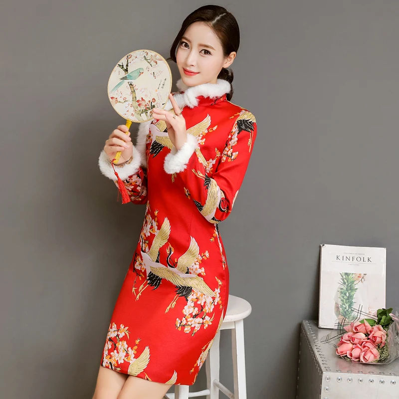 Высокое качество зима 2018 изменение Cheongsam Китайский Стиль теплый меховой воротник