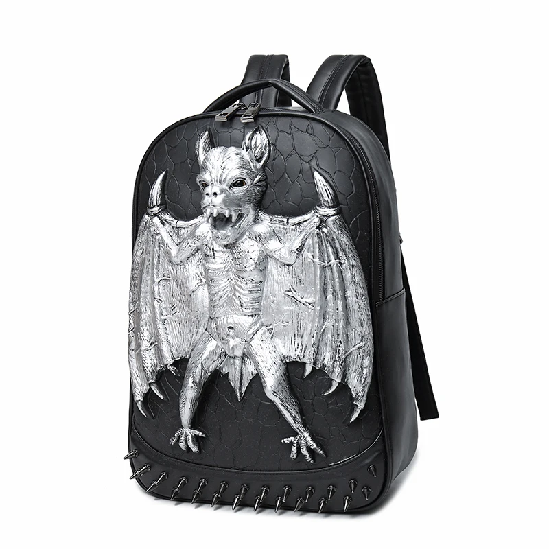 

2019 3D Vampire Bats Elephant Embossing Rivet Satchel Man Backpack Halloween Cool Leather laptop Travel Soft School Bags Teenage