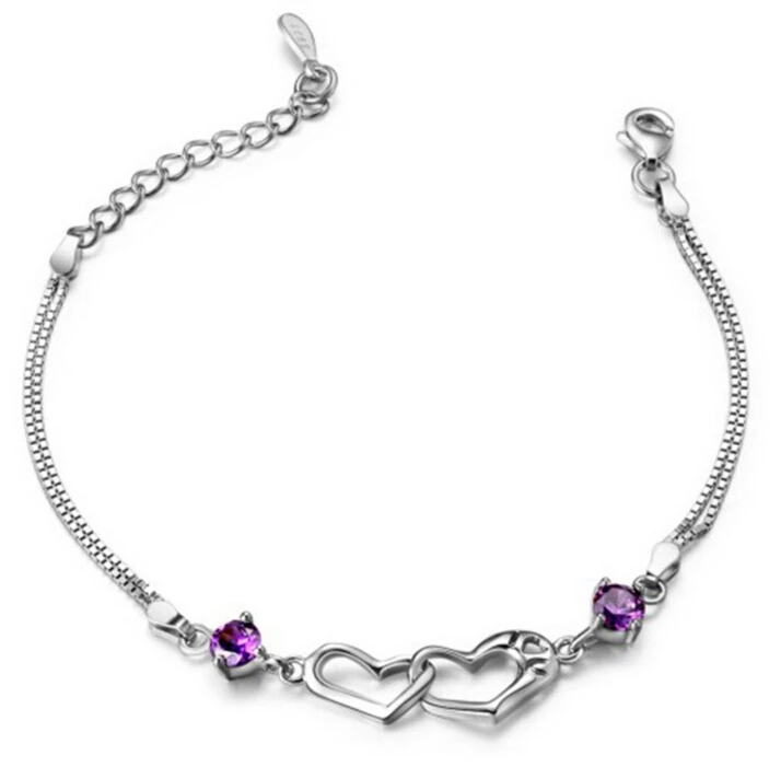 Anenjery 925 пробы Серебряный двойной Любовь Сердце Soulmate Кристалл Браслеты для женщин подарок на день Святого Валентина S-B11