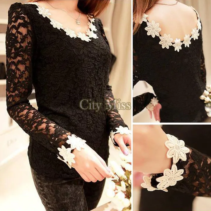 2014 new HOT White/Black/Apricot Women Lace Sleeve Chiffon Blouse Shirt Tops Gorgeous Shirts Long Embroidery B3 SV000718 |