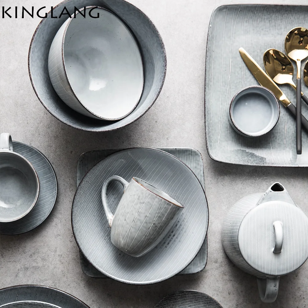 

KINGLANG 1pcs Japanese Retro Ceramic Tableware Large Steak Household Dish Soup Bowl Noodles Western-style Food Steamed Rice bowl