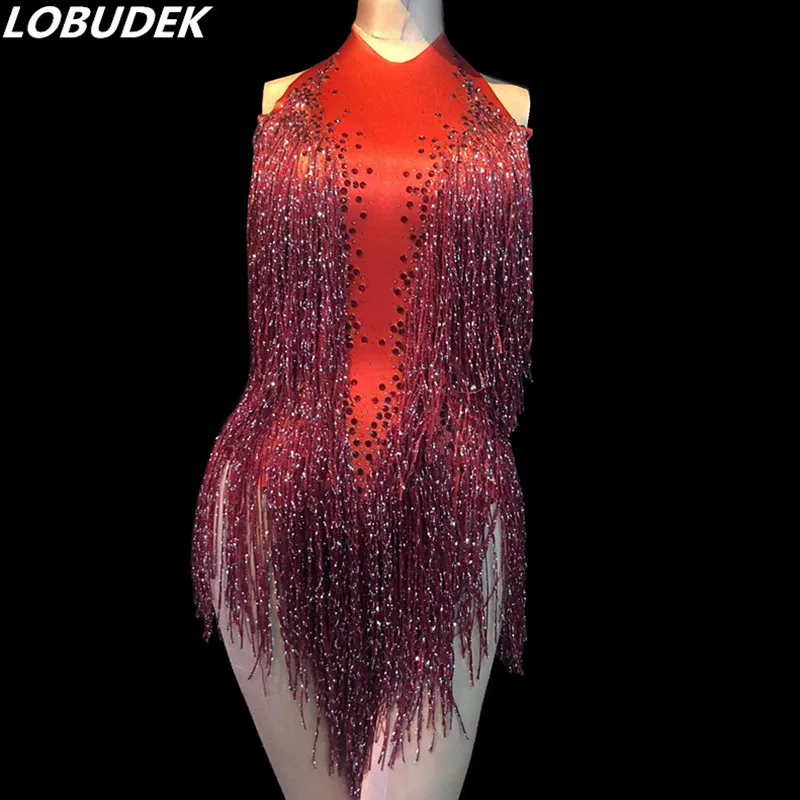 

Female Dance Teams Jazz Stage Outfit Red Tassels Rhinestones Backless Bodysuit Nightclub Bar DJ Singer Latin Pole Dance Costume