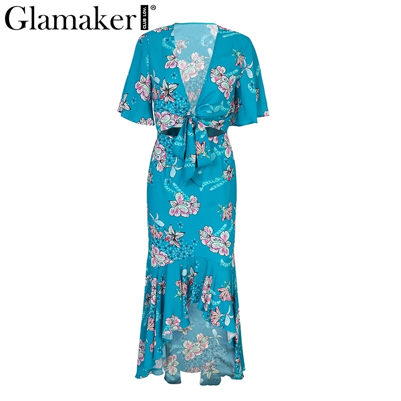 Glamaker, цветочный принт, бохо, летнее платье, женское, из двух частей, с рюшами, макси платье, Пляжное, vestidos, необычное, сексуальное, глубокий v-образный вырез, вечернее платье