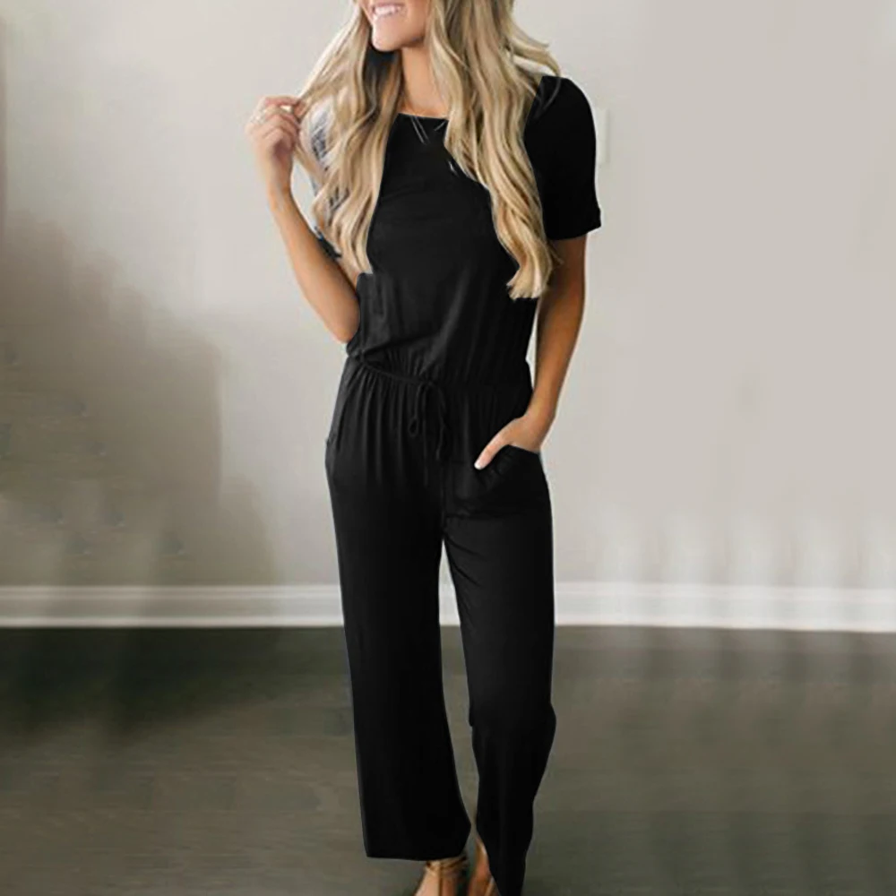 Женские комбинезоны модные летние свободные короткие рукава круглый вырез