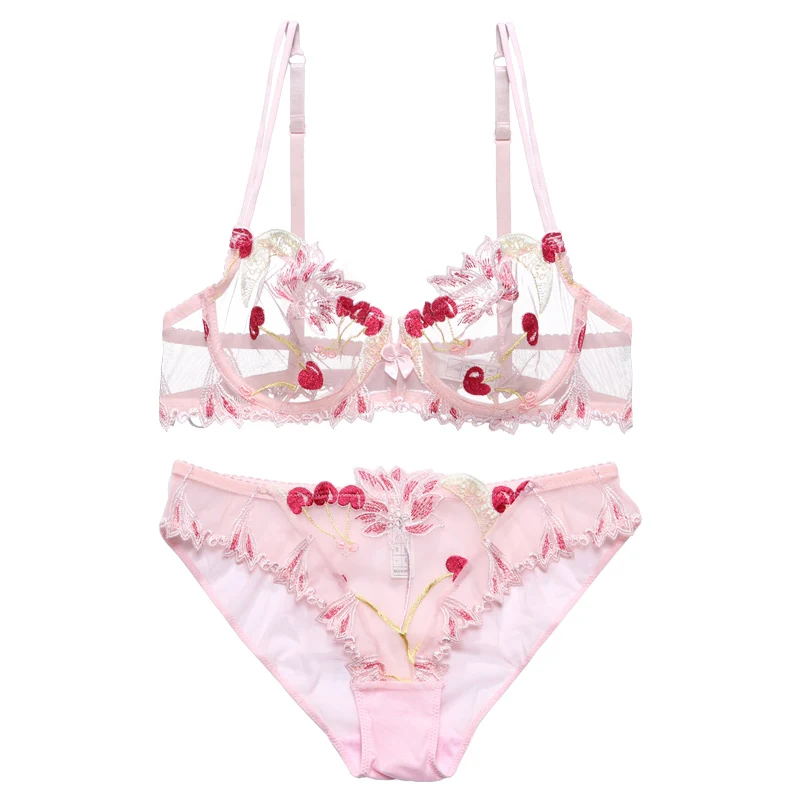Pink Ультратонкий прозрачный комплект с бюстгальтером, кружевной комплект с бюстгальтером, эротические бюстгальтеры с вышивкой, нижнее белье для женщин, комплект нижнего белья, сексуальный бюстгальтер с чашечками C и D - Цвет: Pink