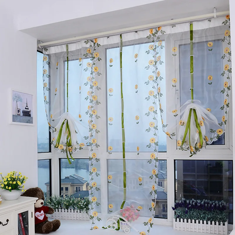 Занавески в римском стиле с ромашками и цветами для кухни балкона вуаль Короткие