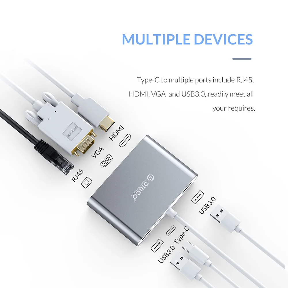 USB Концентратор ORICO Type C для HDMI/VGA/USB3.0/RJ45/SD картридер PD зарядный адаптер ноутбука