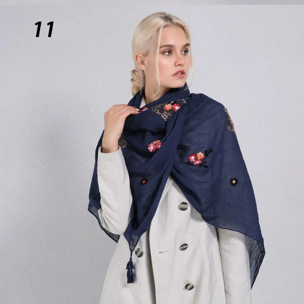 11 Navy Blue Sparsil, Женский однотонный шарф из хлопка и льна, Ретро стиль, вышивка, повседневная большая шаль, 180x90, весна-осень, защита от солнца, мягкие шарфы - Цвет: 11 Navy Blue