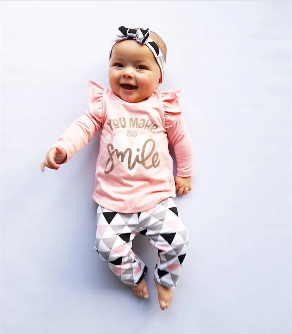 3Pcs Newborn Baby Girl Spring Fall Clothes Set Long Leeve Letter T-Shirt Geometric Pants Headband Infant Girls Clothing Outfits |