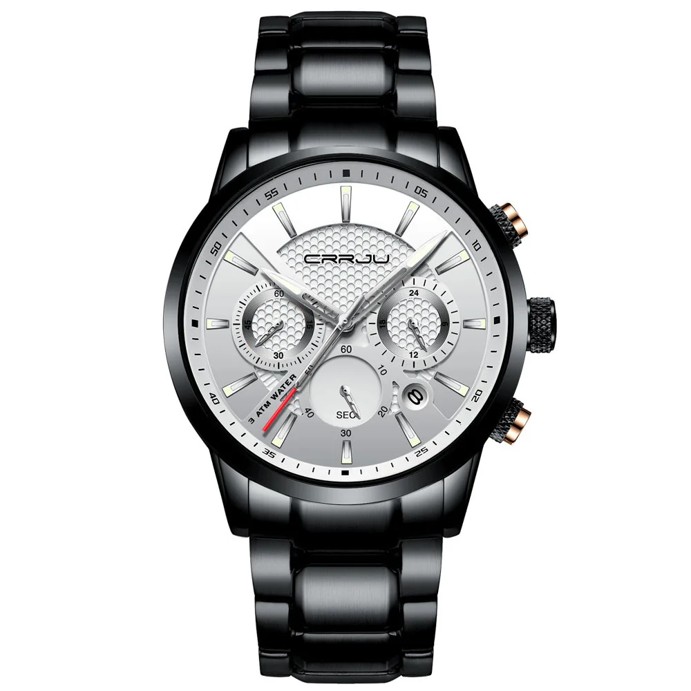 black white CRRJU, мужские часы, 30 м, водонепроницаемые, мужские часы, Топ бренд, Роскошные, стальные часы, хронограф, мужские часы, Saat relojes hombre - Цвет: black white