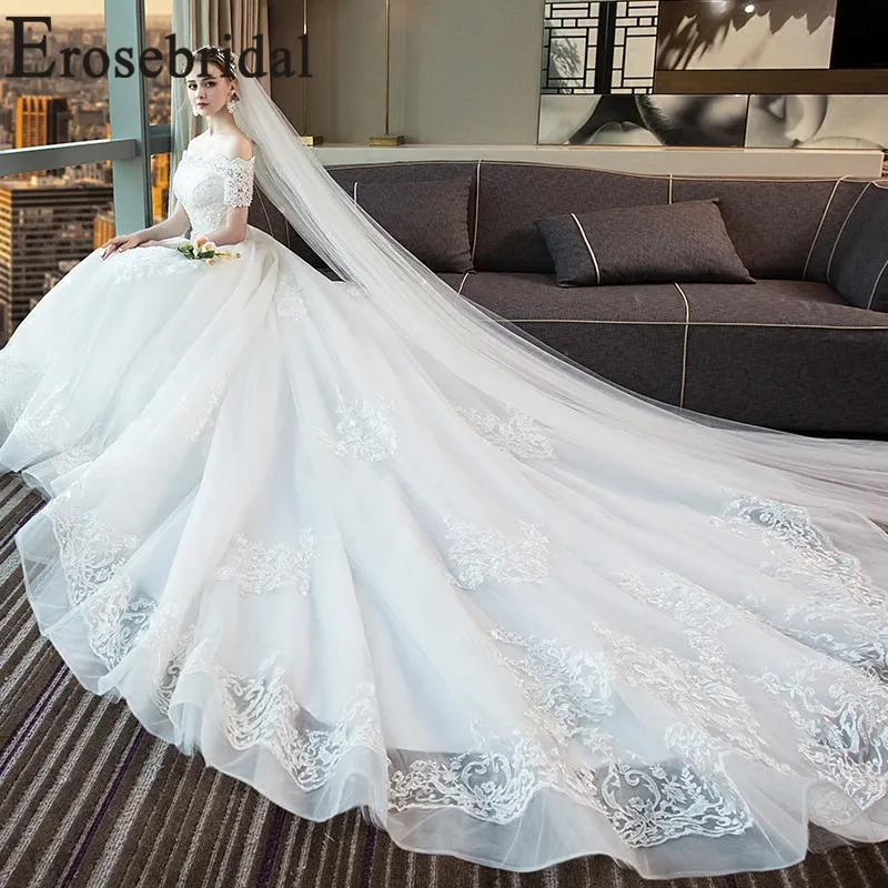 Erosebridal Элегантное свадебное платье, кружевное свадебное платье с длинным шлейфом и коротким рукавом, лиф, дизайн с бисером Vestido De Noiva