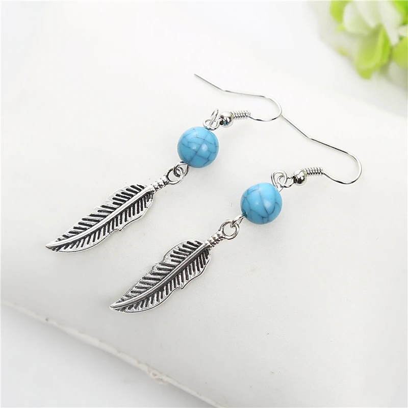 Brand Design Statement Jewelry Vintage Blue Bead Silver Feather Earrings Simple Plated Leaf Dangle For Women | Украшения и
