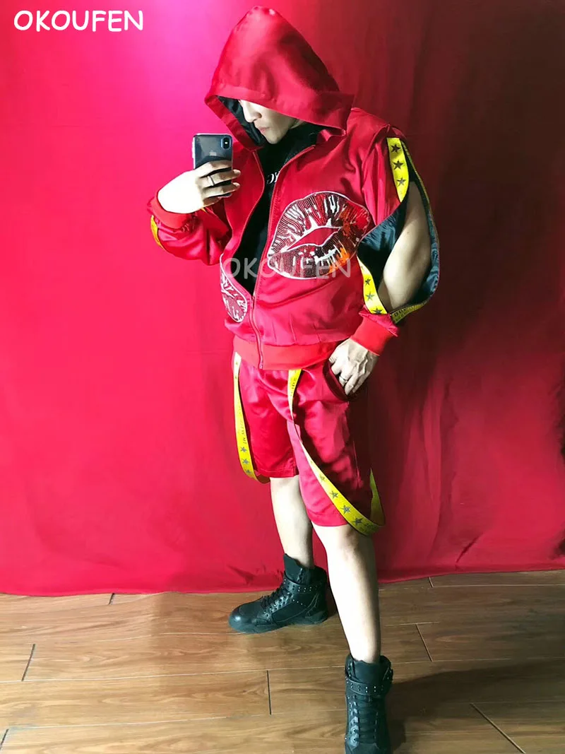 Nightclub Male Singer DJ Satin Red Lips Split Costumes set Hip Hop dancer stage show Performance Jacket shorts Christams |