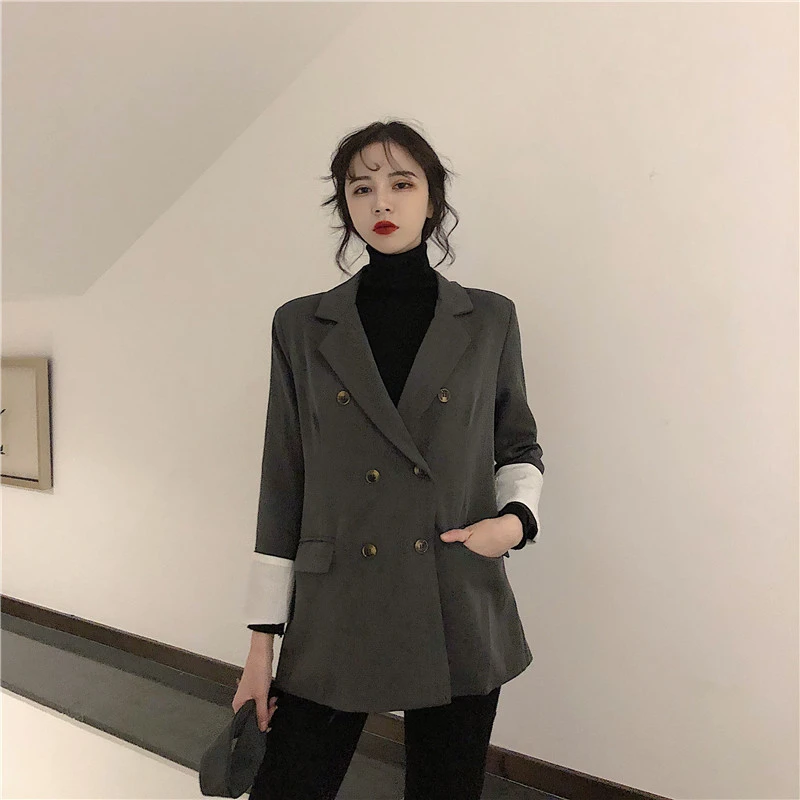 Винтаж двубортный плед для женщин Блейзер Куртка Chic короткий рукав зубчатый воротник кружево до тонкий женская уличная куртка