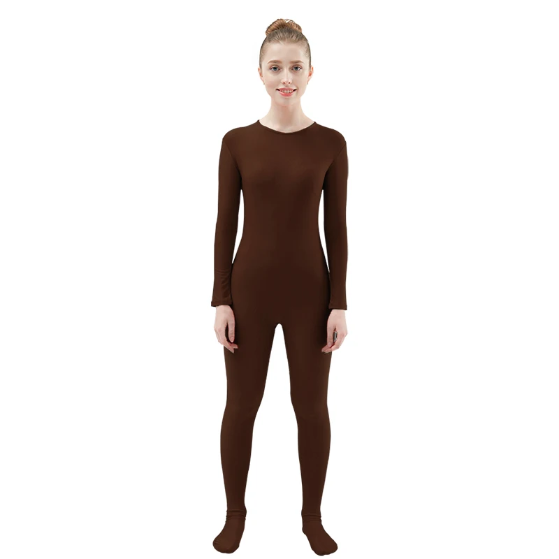 Dark Brown Ensnovo, Женский облегающий гимнастический костюм из лайкры, нейлона, спандекса, с длинным рукавом, Zentai, карнавальный костюм, черная Одежда для танцев, костюм, колготки для всего тела - Цвет: Dark Brown