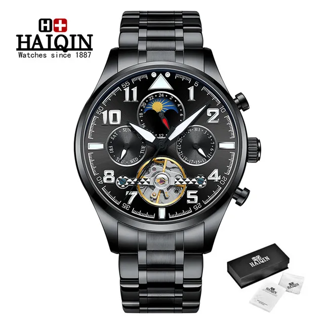 S-all black HAIQIN, мужские часы, автоматические механические, деловые часы, мужские, лучший бренд, Роскошные, военные, водонепроницаемые, турбийон, часы, Reloj Hombre - Цвет: S-all black