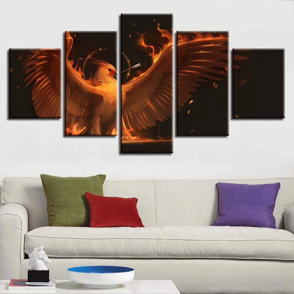 HD Prints Canvas For Living Room Decor Frame 5 Pieces Fire Finches Spread Wings Pictures Bird Poster Modular Painting Wall Art | Дом и сад