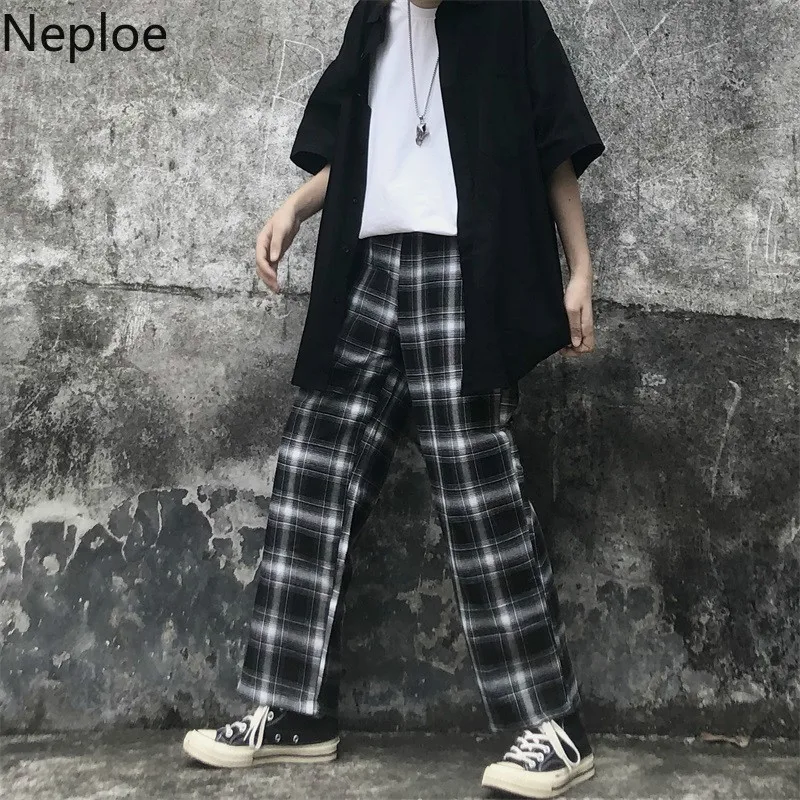 Neploe 2019 новые брюки Харадзюку белые черные клетчатые женские мужские прямые с