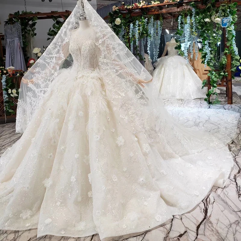 HTL503 роскошное свадебное платье принцессы с шлейфом круглым вырезом длинными