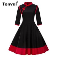 tonval frog fastener stand collar vintage formal midi dress women elegant 34 length sleeve autumn winter retro dresses