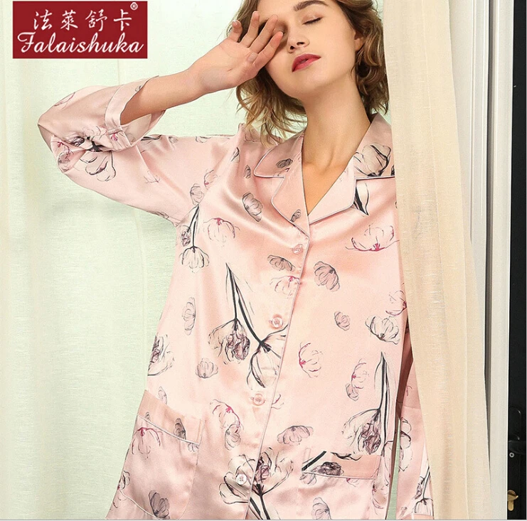 100% Silk Stain Pajama Sets  Long Sleeve Flower Print 2019 Women Pink Silk Sleepwear Two Piece Pants Sets  Homewear Clothing 2XL